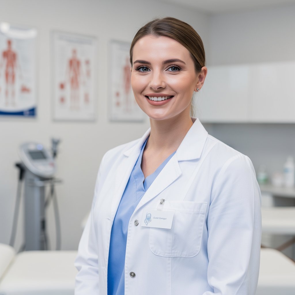 Portrait of a friendly female physiotherapist in professional medical attire, smiling, blurred clinic background, bright and trustworthy, 4:5 aspect ratio.