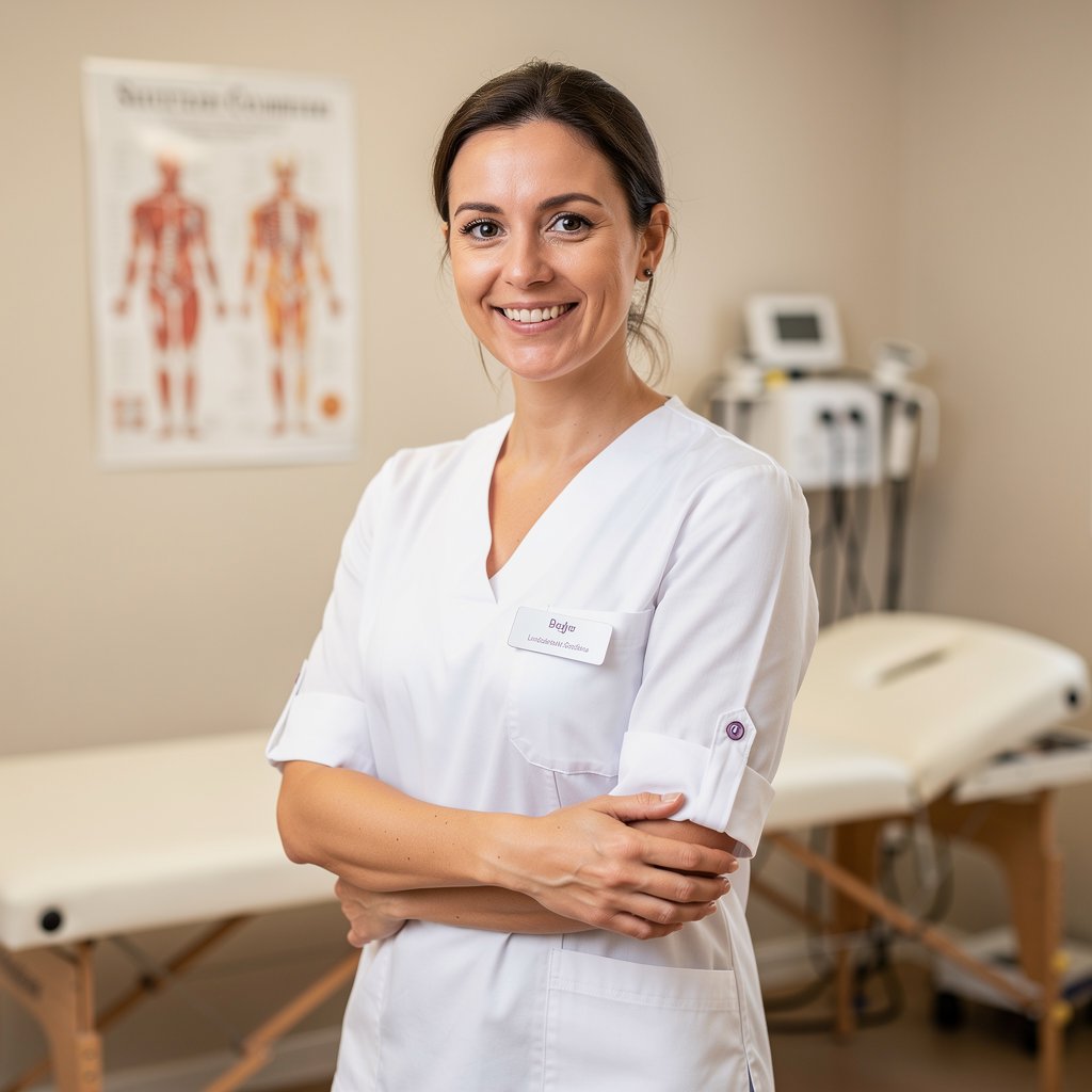 Portrait of another friendly female physiotherapist in white medical clothing, professional setting, warm lighting, high quality photography, 4:5 aspect ratio.